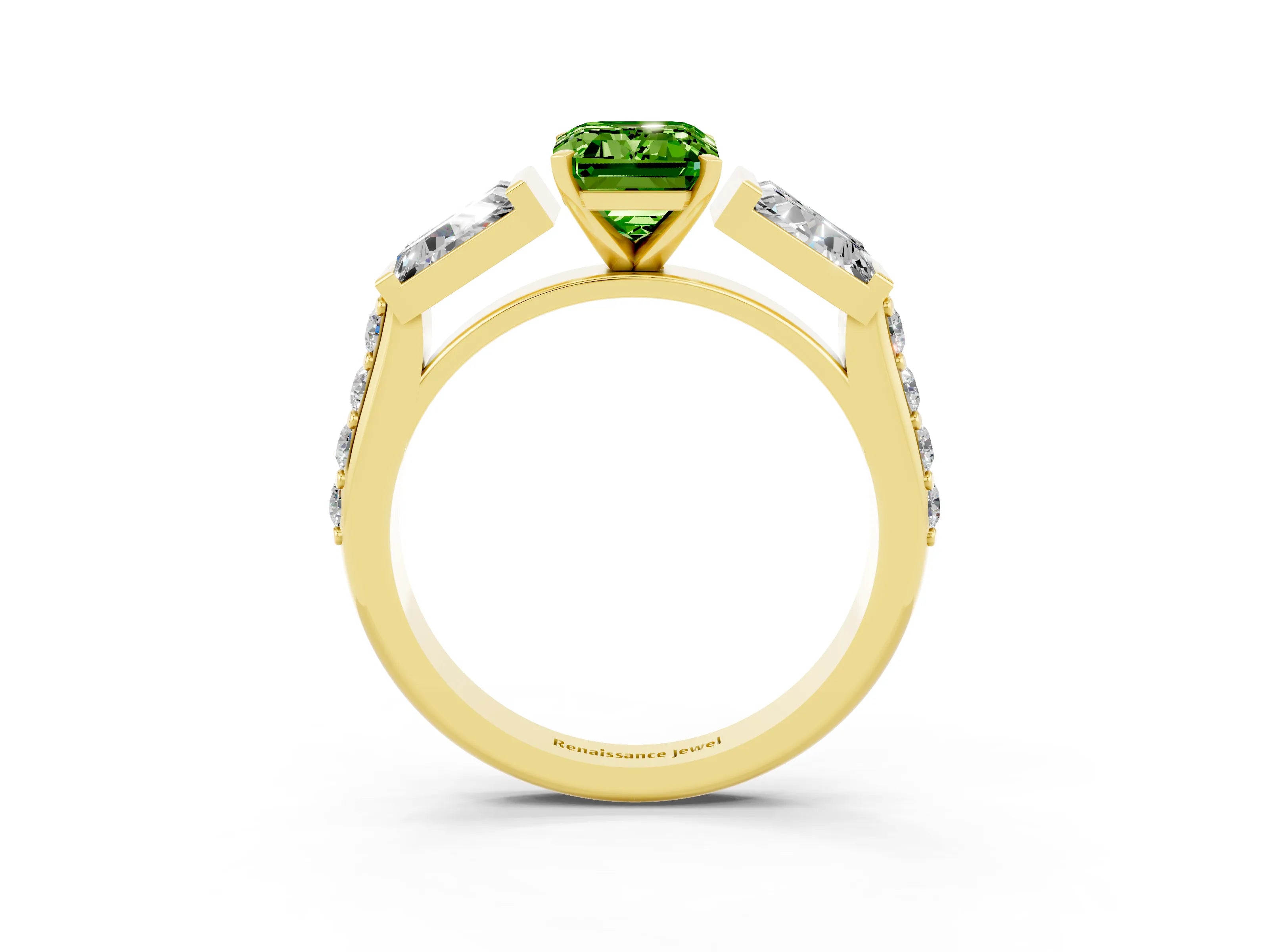 Yellow gold Emerald Cut Peridot Engagement Ring with Baguette Side Stones and Channel Set Band_3