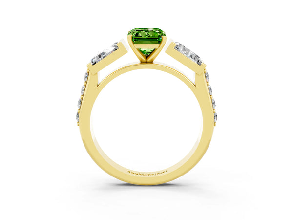 Yellow gold Emerald Cut Peridot Engagement Ring with Baguette Side Stones and Channel Set Band