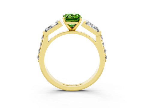 Yellow gold Emerald Cut Peridot Engagement Ring with Baguette Side Stones and Channel Set Band_3