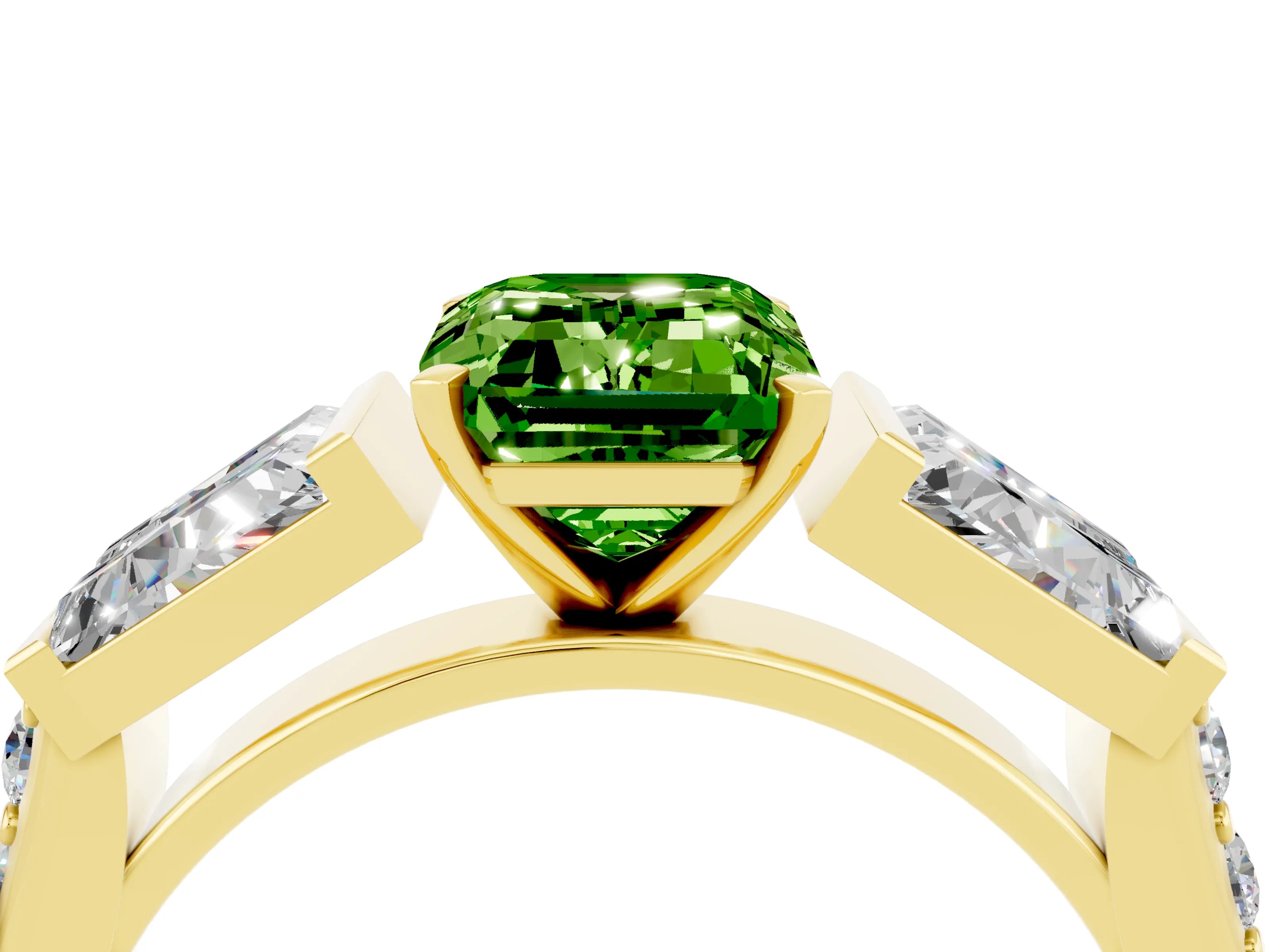 Yellow gold Emerald Cut Peridot Engagement Ring with Baguette Side Stones and Channel Set Band_4