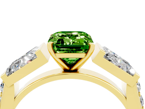 Yellow gold Emerald Cut Peridot Engagement Ring with Baguette Side Stones and Channel Set Band_4