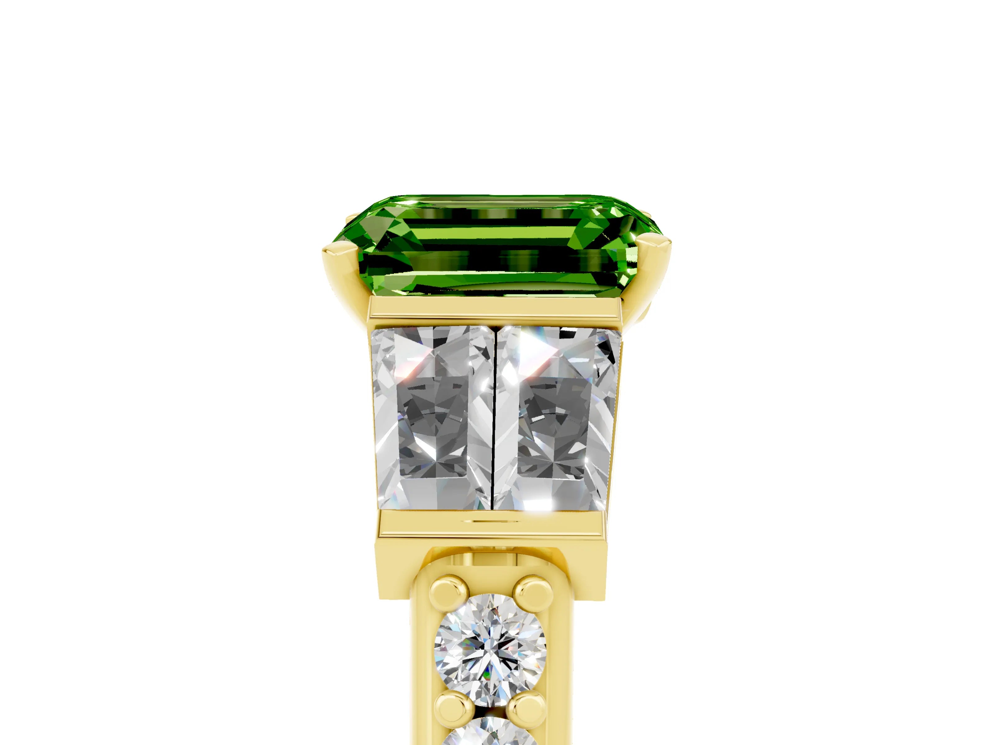 Yellow gold Emerald Cut Peridot Engagement Ring with Baguette Side Stones and Channel Set Band_5