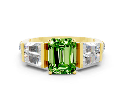 Yellow gold Emerald Cut Peridot Engagement Ring with Baguette Side Stones and Channel Set Band