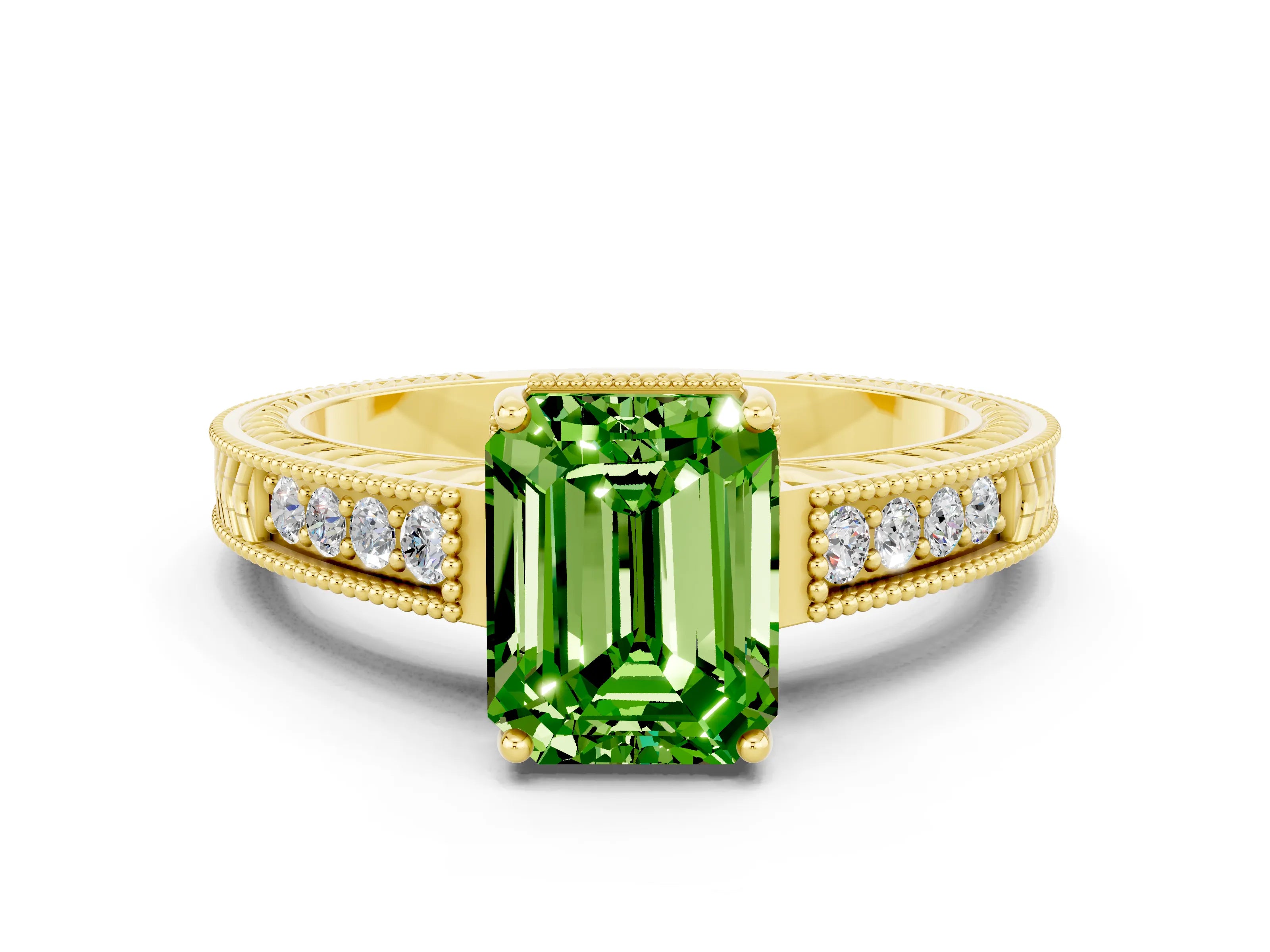 Yellow gold Emerald Cut Peridot Engagement Ring with Milgrain Channel Set Band and Prong Setting