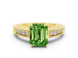 Yellow gold Emerald Cut Peridot Engagement Ring with Milgrain Channel Set Band and Prong Setting