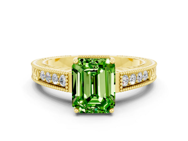Yellow gold Emerald Cut Peridot Engagement Ring with Milgrain Channel Set Band and Prong Setting