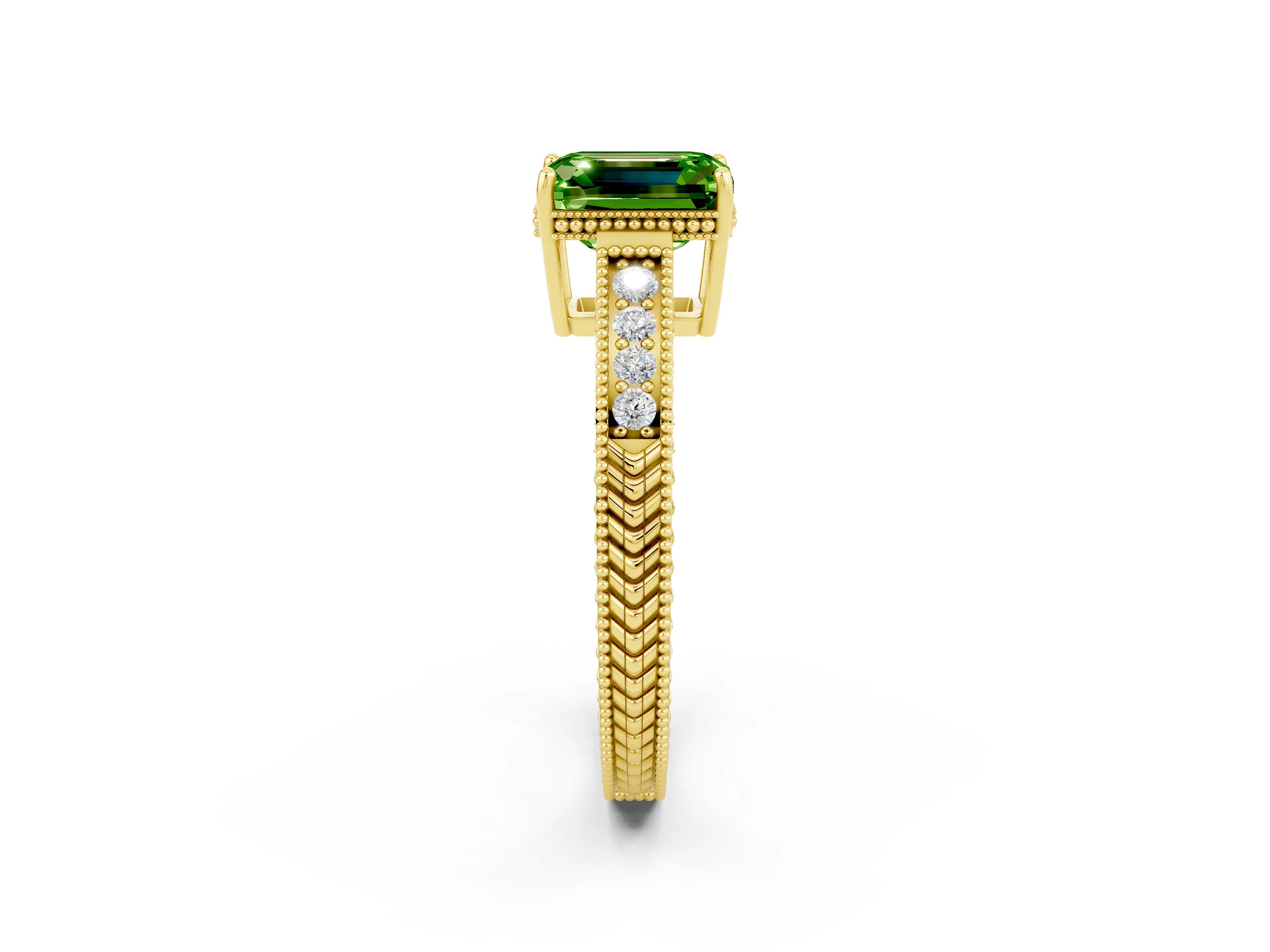 Yellow gold Emerald Cut Peridot Engagement Ring with Milgrain Channel Set Band and Prong Setting_2