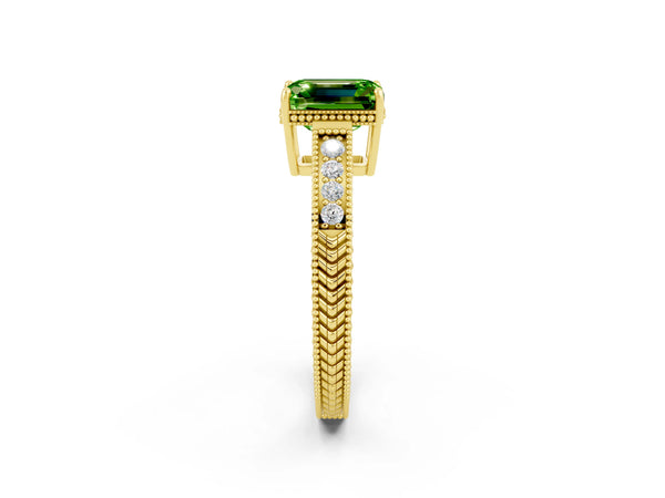 Yellow gold Emerald Cut Peridot Engagement Ring with Milgrain Channel Set Band and Prong Setting