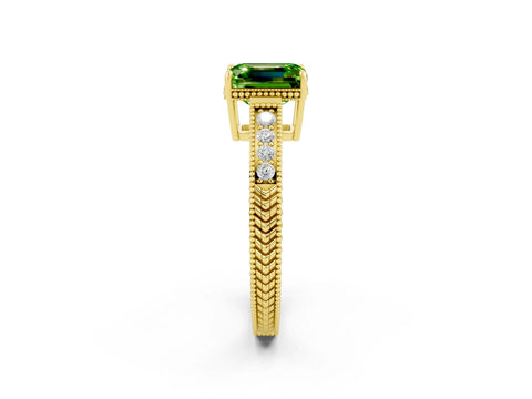 Yellow gold Emerald Cut Peridot Engagement Ring with Milgrain Channel Set Band and Prong Setting_2