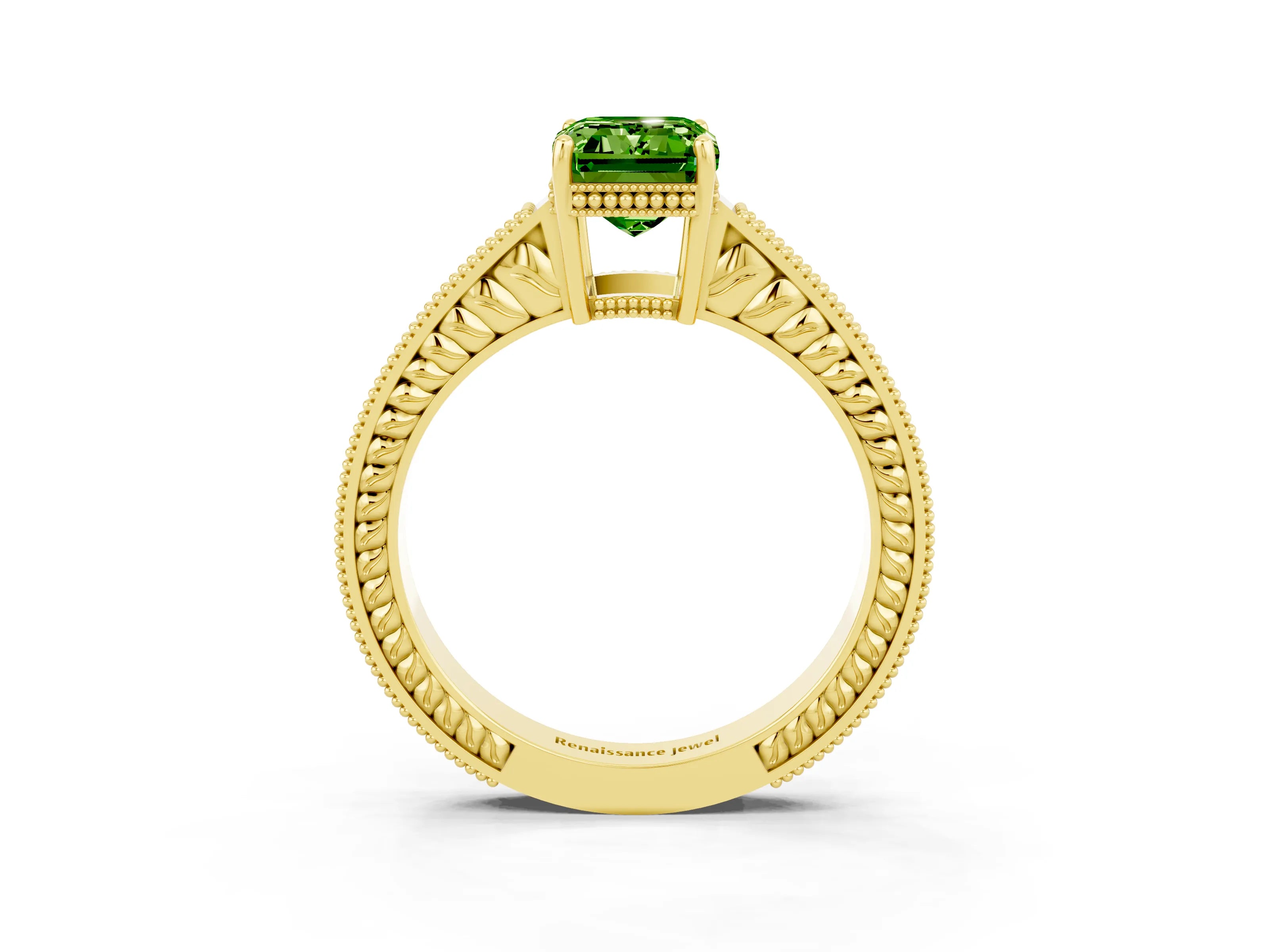 Yellow gold Emerald Cut Peridot Engagement Ring with Milgrain Channel Set Band and Prong Setting_3