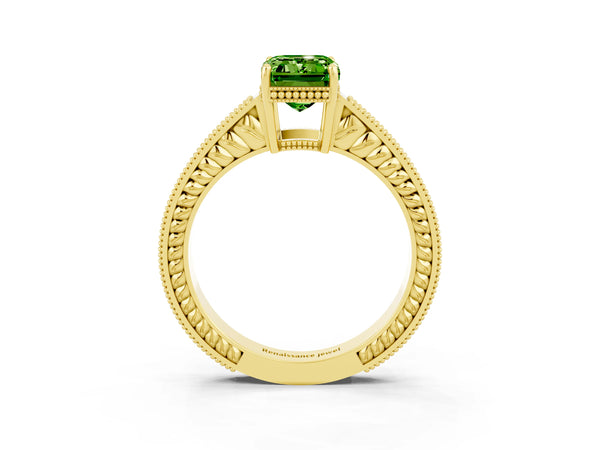 Yellow gold Emerald Cut Peridot Engagement Ring with Milgrain Channel Set Band and Prong Setting