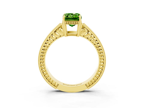 Yellow gold Emerald Cut Peridot Engagement Ring with Milgrain Channel Set Band and Prong Setting_3