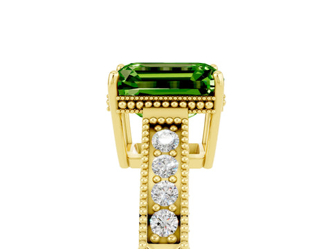 Yellow gold Emerald Cut Peridot Engagement Ring with Milgrain Channel Set Band and Prong Setting_5