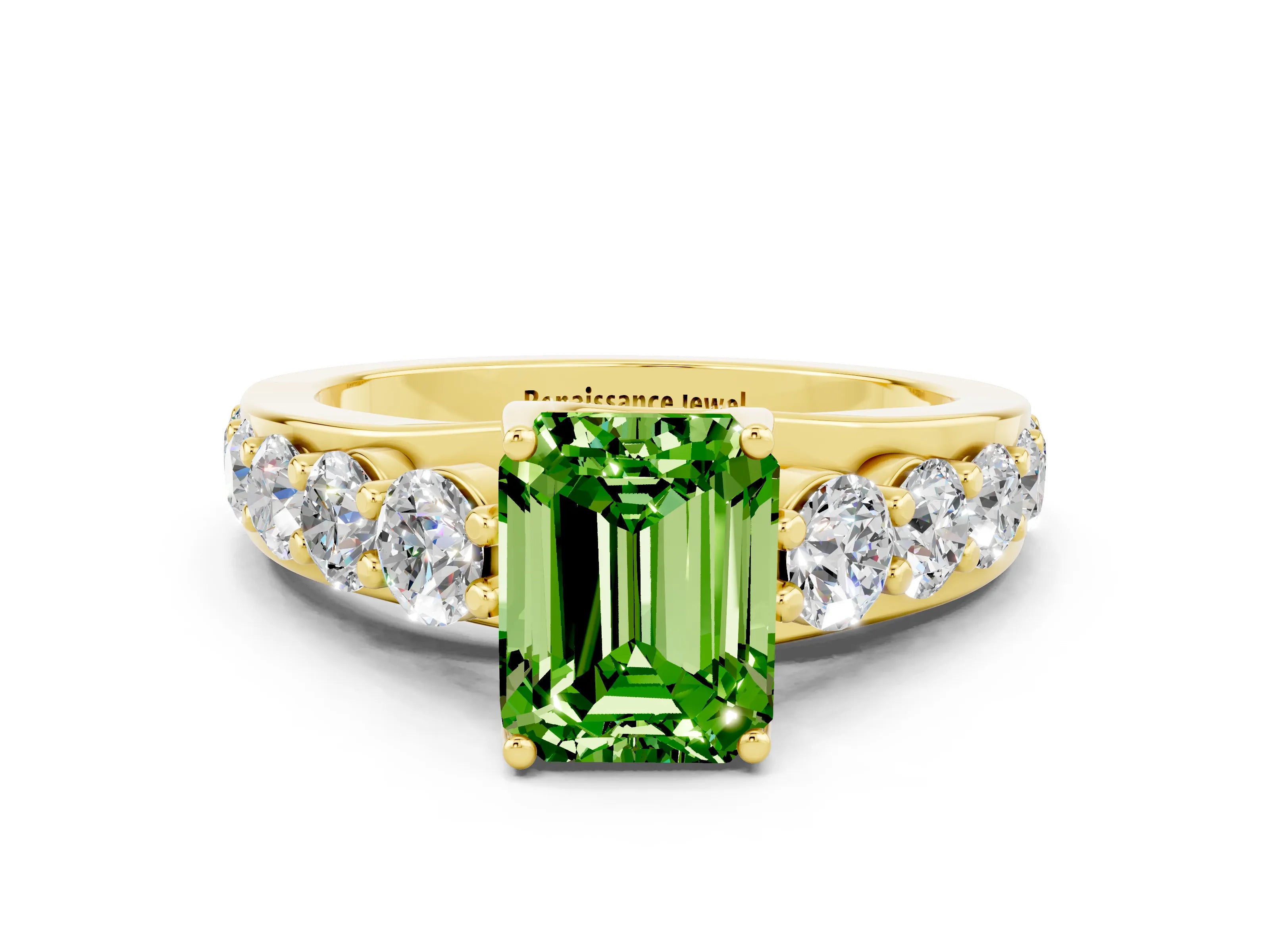 Yellow gold Emerald Cut Peridot Engagement Ring with Pavé Band and Four-Prong Setting