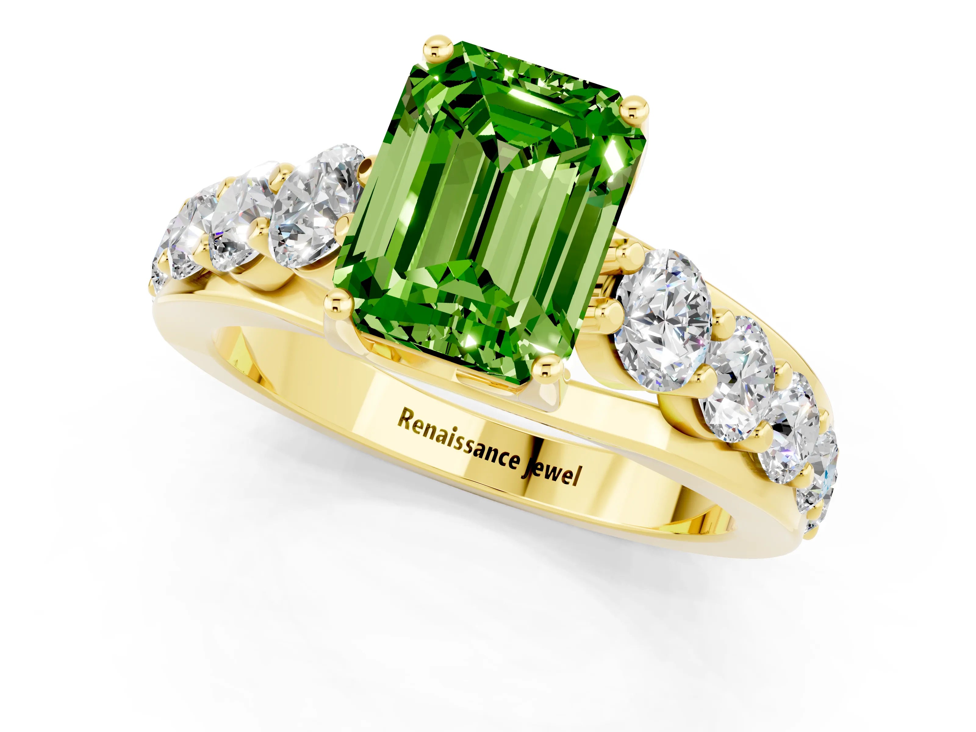 Yellow gold Emerald Cut Peridot Engagement Ring with Pavé Band and Four-Prong Setting_1