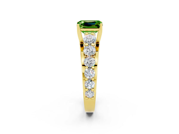 Yellow gold Emerald Cut Peridot Engagement Ring with Pavé Band and Four-Prong Setting