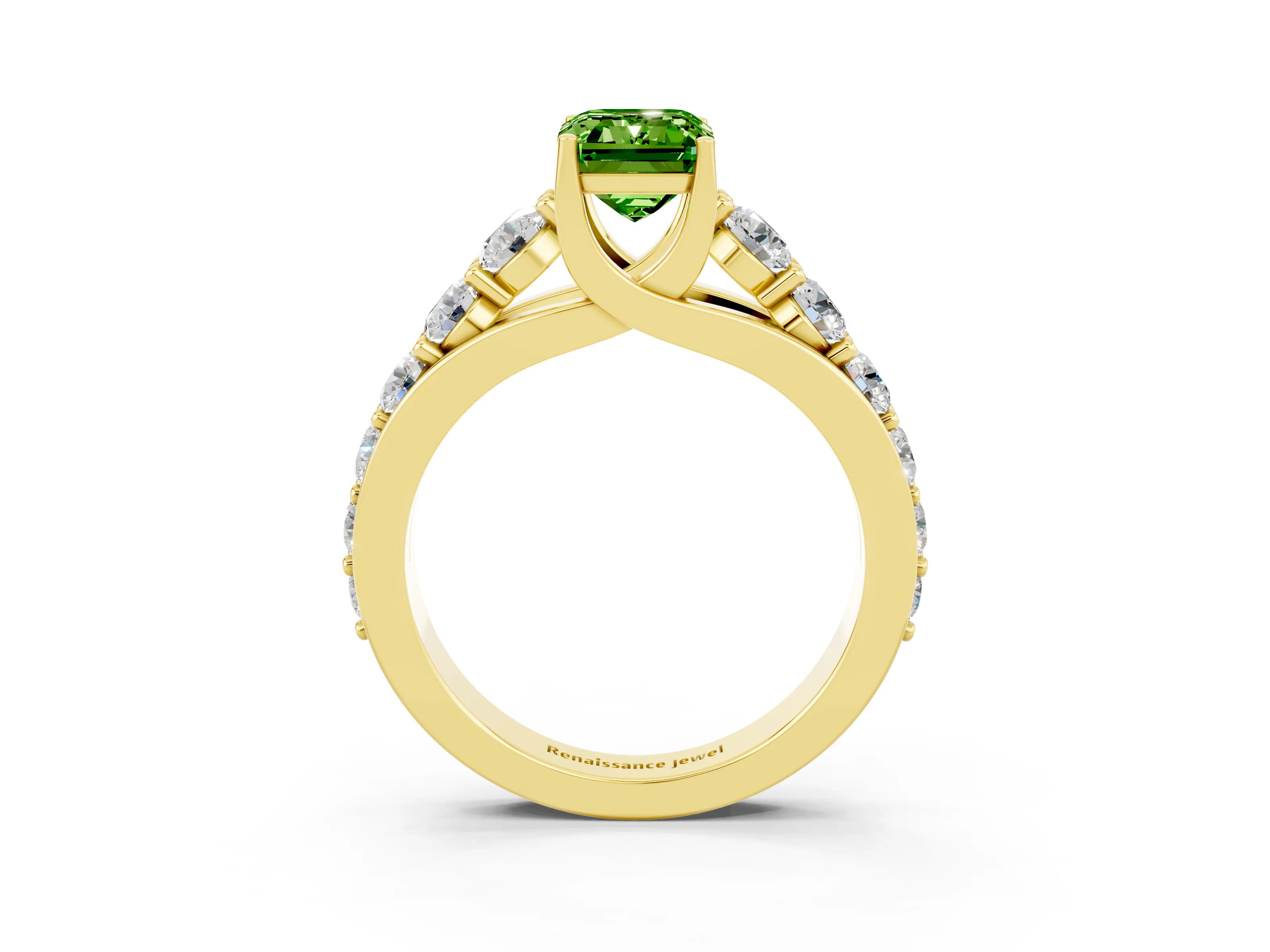 Yellow gold Emerald Cut Peridot Engagement Ring with Pavé Band and Four-Prong Setting_3