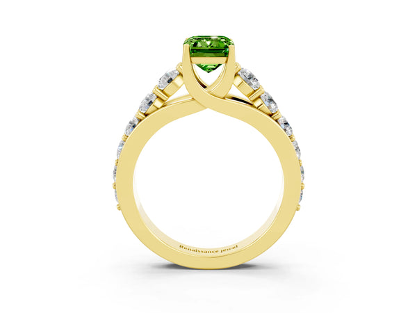 Yellow gold Emerald Cut Peridot Engagement Ring with Pavé Band and Four-Prong Setting