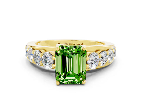 Yellow gold Emerald Cut Peridot Engagement Ring with Pavé Band and Four-Prong Setting