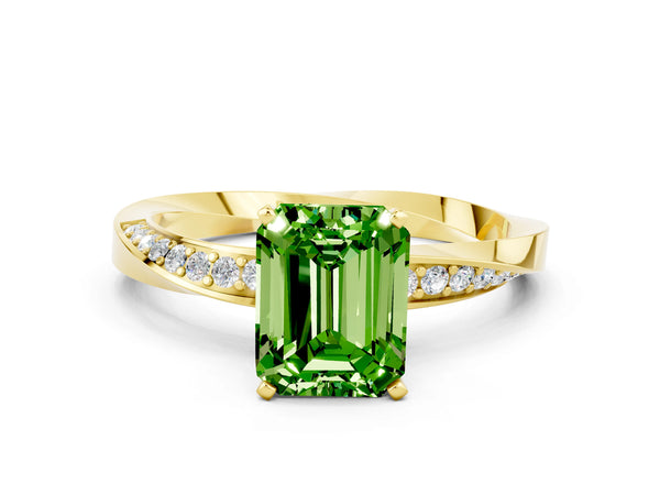 Yellow gold Emerald Cut Peridot Engagement Ring with Side Stone Accents and Four-Prong Setting