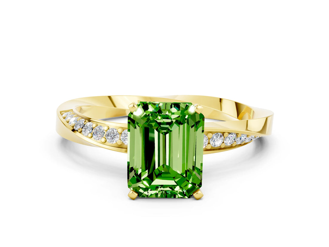 Yellow gold Emerald Cut Peridot Engagement Ring with Side Stone Accents and Four-Prong Setting_60