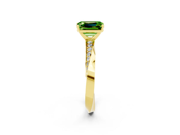 Yellow gold Emerald Cut Peridot Engagement Ring with Side Stone Accents and Four-Prong Setting