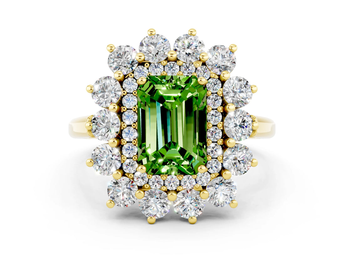 Yellow gold Emerald Cut Peridot Floral Double Halo Engagement Ring with Prong Setting_60