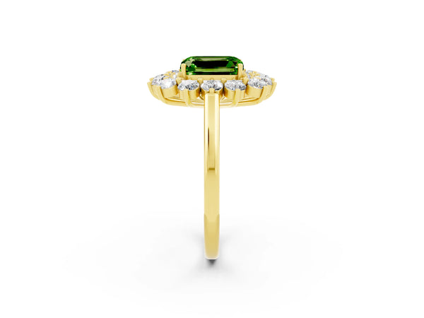 Yellow gold Emerald Cut Peridot Floral Double Halo Engagement Ring with Prong Setting