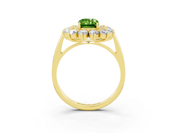 Yellow gold Emerald Cut Peridot Floral Double Halo Engagement Ring with Prong Setting