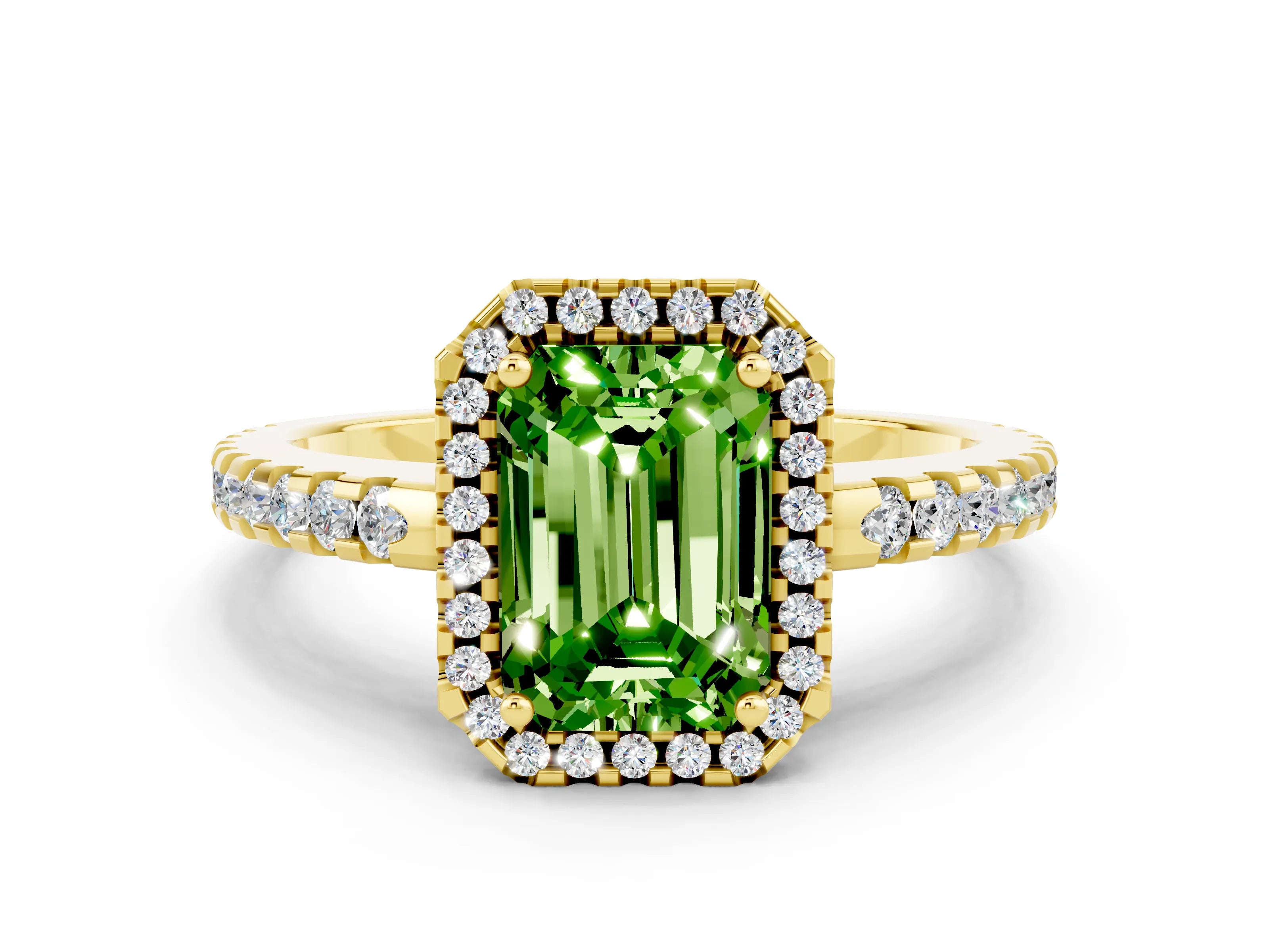 Yellow gold Emerald Cut Peridot Halo Engagement Ring with Pavé Band and Prong Setting_12
