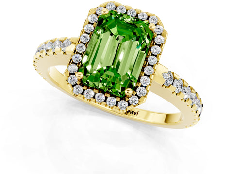 Yellow gold Emerald Cut Peridot Halo Engagement Ring with Pavé Band and Prong Setting_13