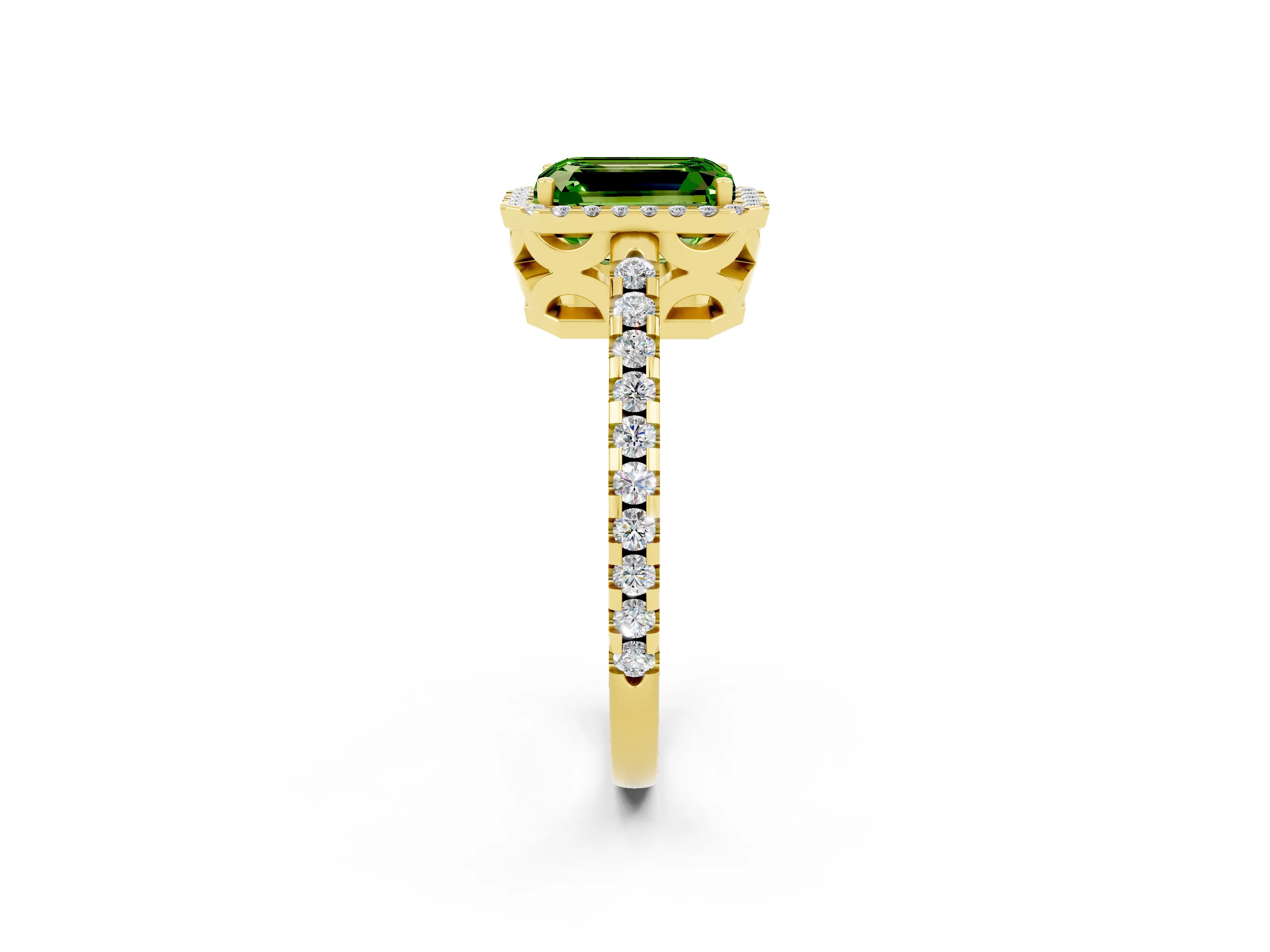 Yellow gold Emerald Cut Peridot Halo Engagement Ring with Pavé Band and Prong Setting_14