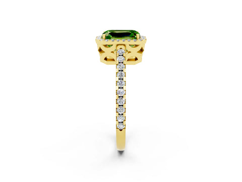 Yellow gold Emerald Cut Peridot Halo Engagement Ring with Pavé Band and Prong Setting_14