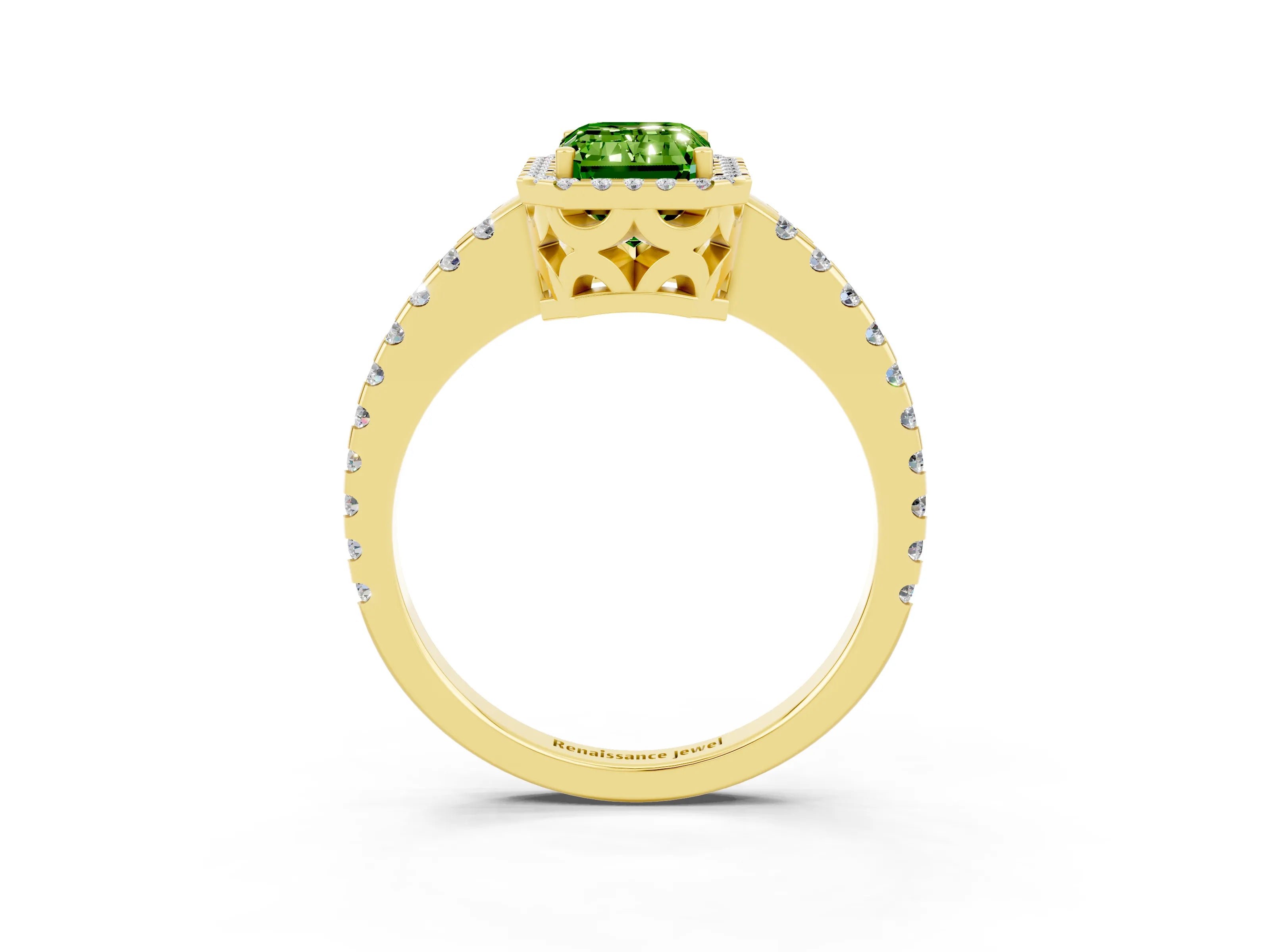 Yellow gold Emerald Cut Peridot Halo Engagement Ring with Pavé Band and Prong Setting_15