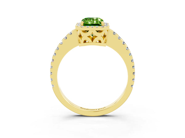 Yellow gold Emerald Cut Peridot Halo Engagement Ring with Pavé Band and Prong Setting