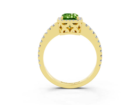 Yellow gold Emerald Cut Peridot Halo Engagement Ring with Pavé Band and Prong Setting_15