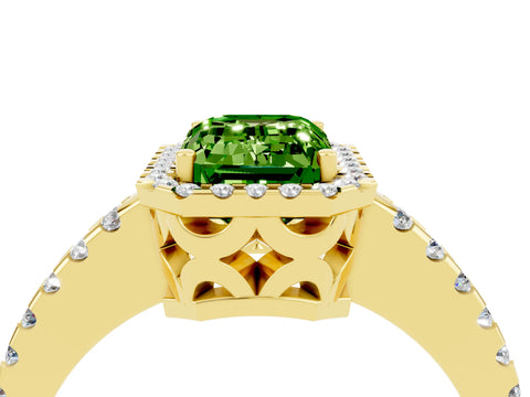 Yellow gold Emerald Cut Peridot Halo Engagement Ring with Pavé Band and Prong Setting_16
