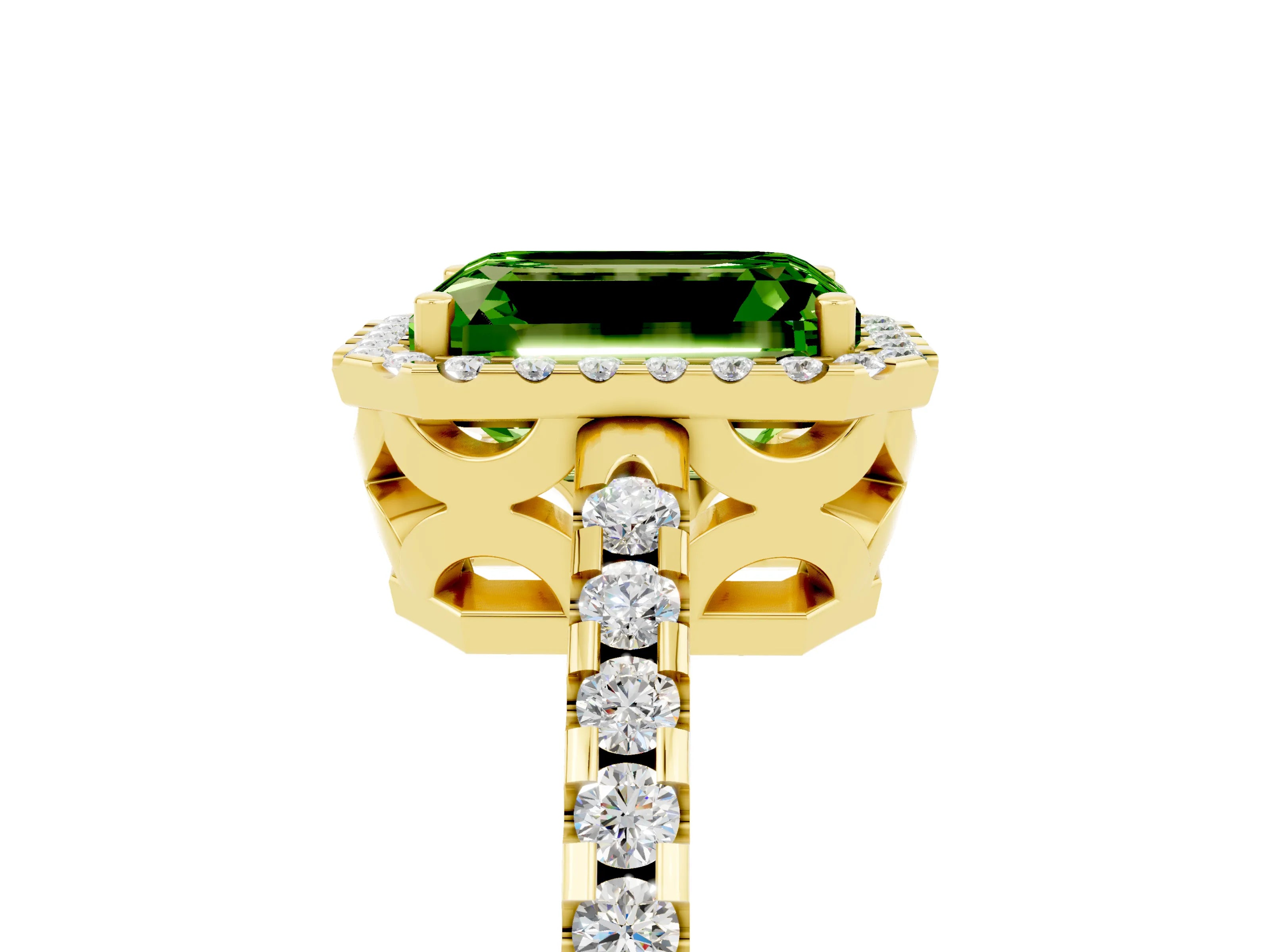 Yellow gold Emerald Cut Peridot Halo Engagement Ring with Pavé Band and Prong Setting_17