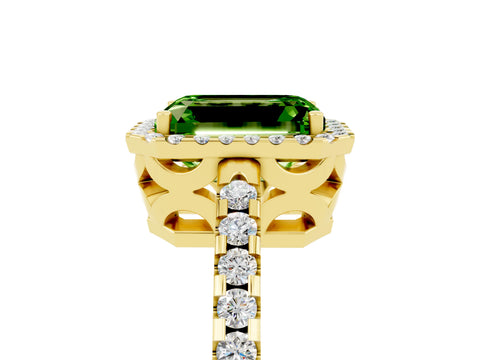 Yellow gold Emerald Cut Peridot Halo Engagement Ring with Pavé Band and Prong Setting_17