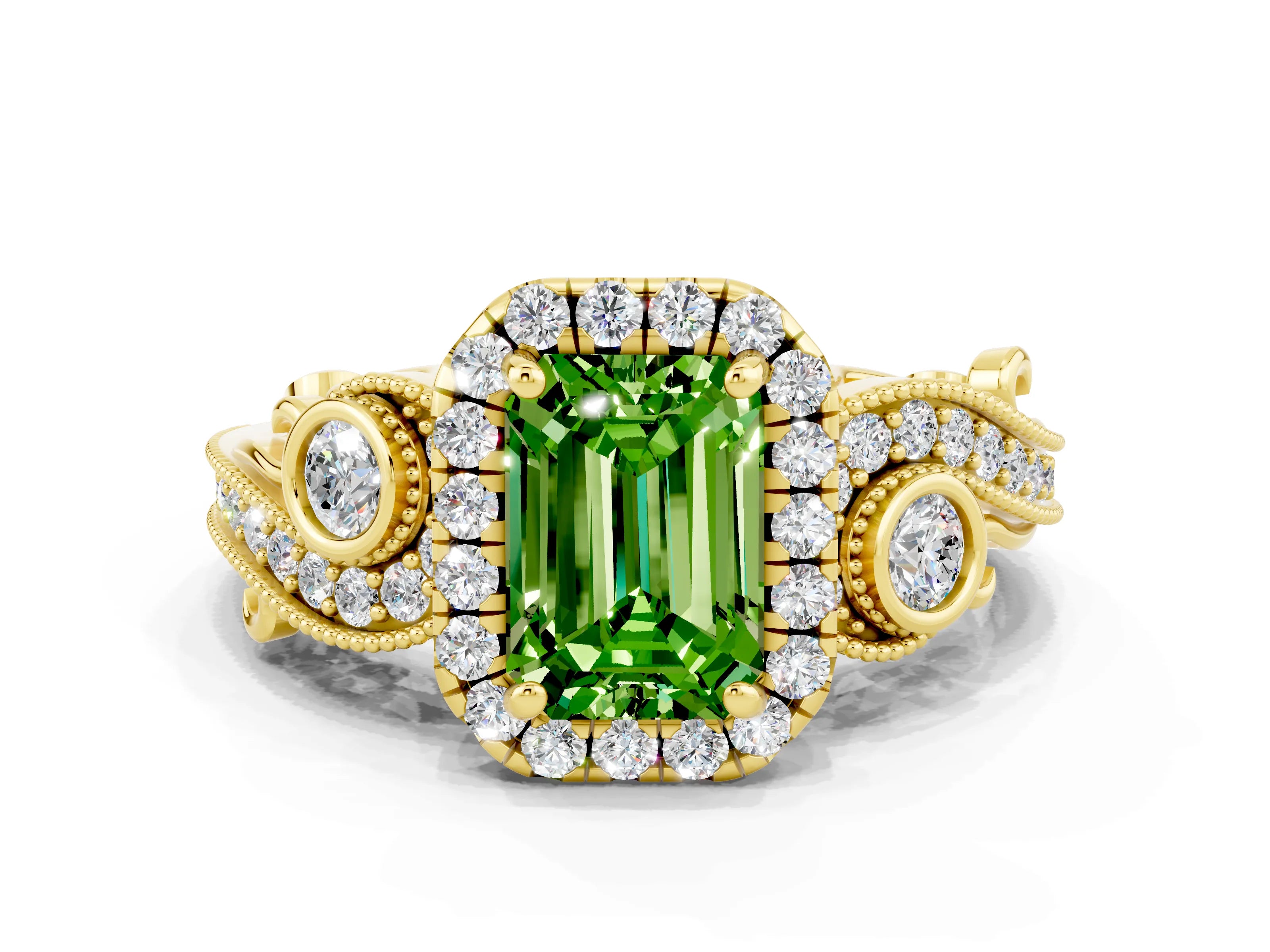 Yellow gold Emerald Cut Peridot Halo Ring with Milgrain Pavé Band and Four-Prong Setting_12