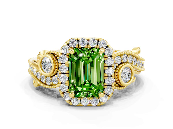 Yellow gold Emerald Cut Peridot Halo Ring with Milgrain Pavé Band and Four-Prong Setting