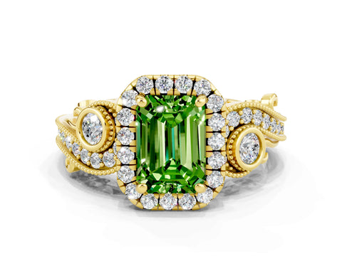 Yellow gold Emerald Cut Peridot Halo Ring with Milgrain Pavé Band and Four-Prong Setting_12