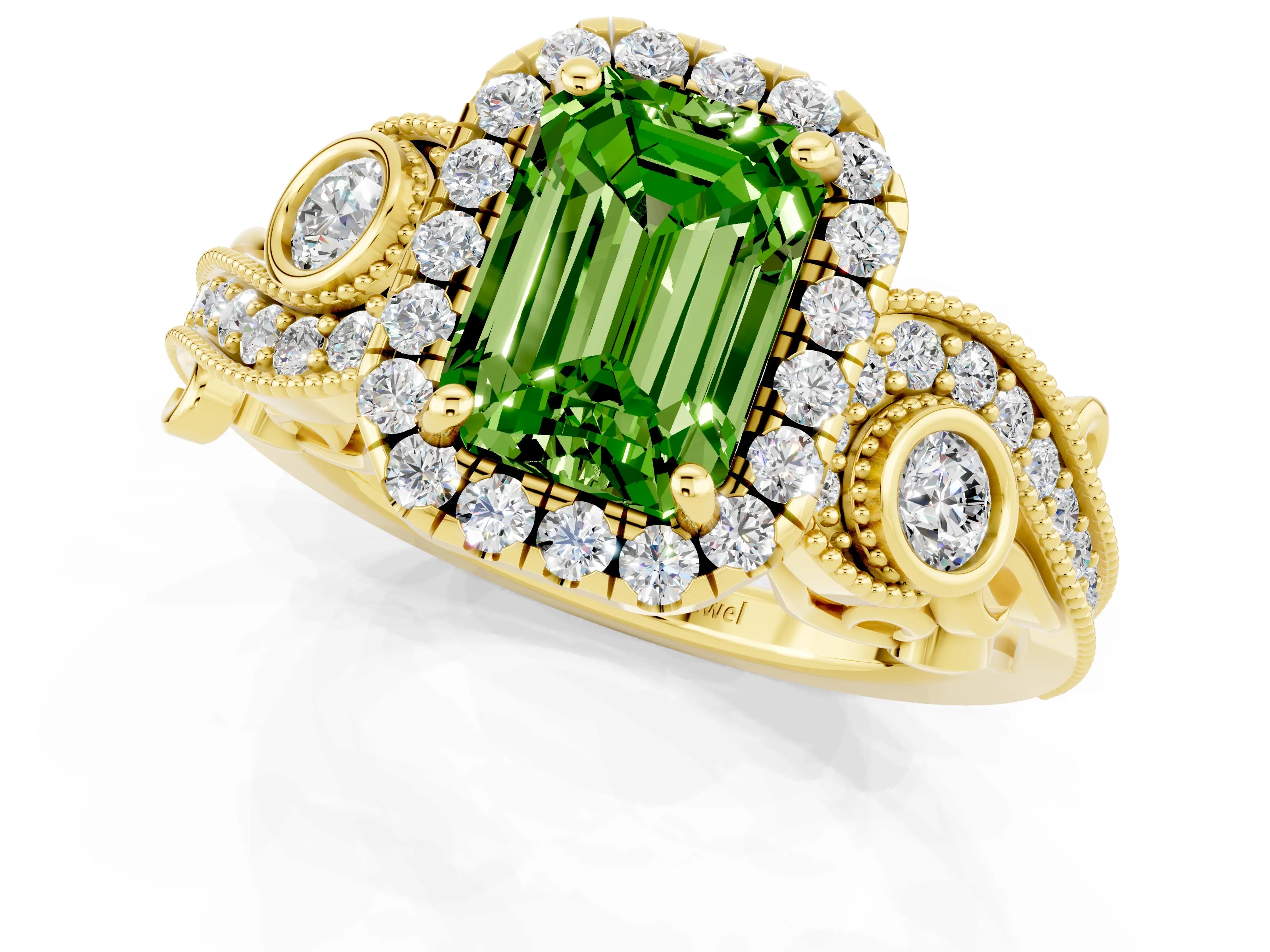 Yellow gold Emerald Cut Peridot Halo Ring with Milgrain Pavé Band and Four-Prong Setting_13