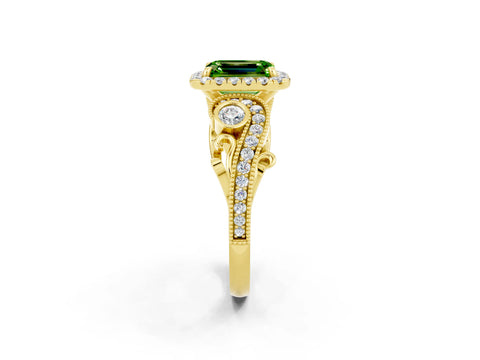 Yellow gold Emerald Cut Peridot Halo Ring with Milgrain Pavé Band and Four-Prong Setting_14