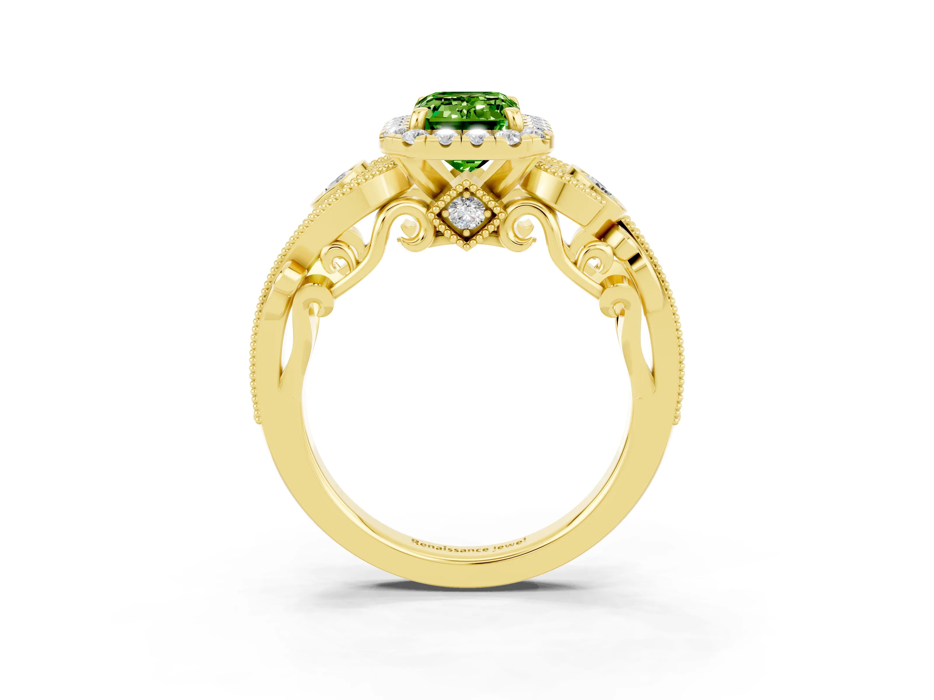 Yellow gold Emerald Cut Peridot Halo Ring with Milgrain Pavé Band and Four-Prong Setting_15