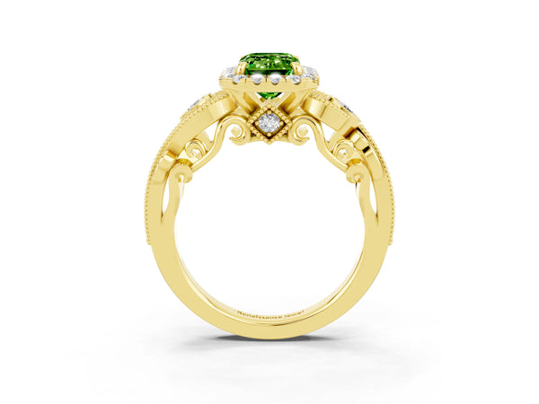 Yellow gold Emerald Cut Peridot Halo Ring with Milgrain Pavé Band and Four-Prong Setting