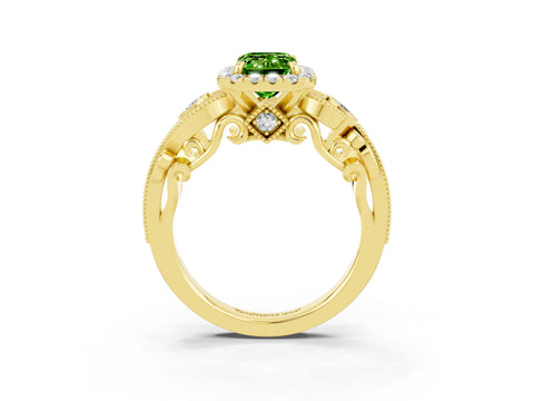 Yellow gold Emerald Cut Peridot Halo Ring with Milgrain Pavé Band and Four-Prong Setting_15