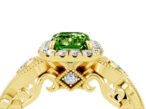 Yellow gold Emerald Cut Peridot Halo Ring with Milgrain Pavé Band and Four-Prong Setting_16