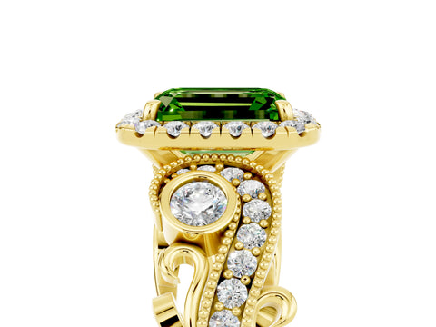 Yellow gold Emerald Cut Peridot Halo Ring with Milgrain Pavé Band and Four-Prong Setting_17