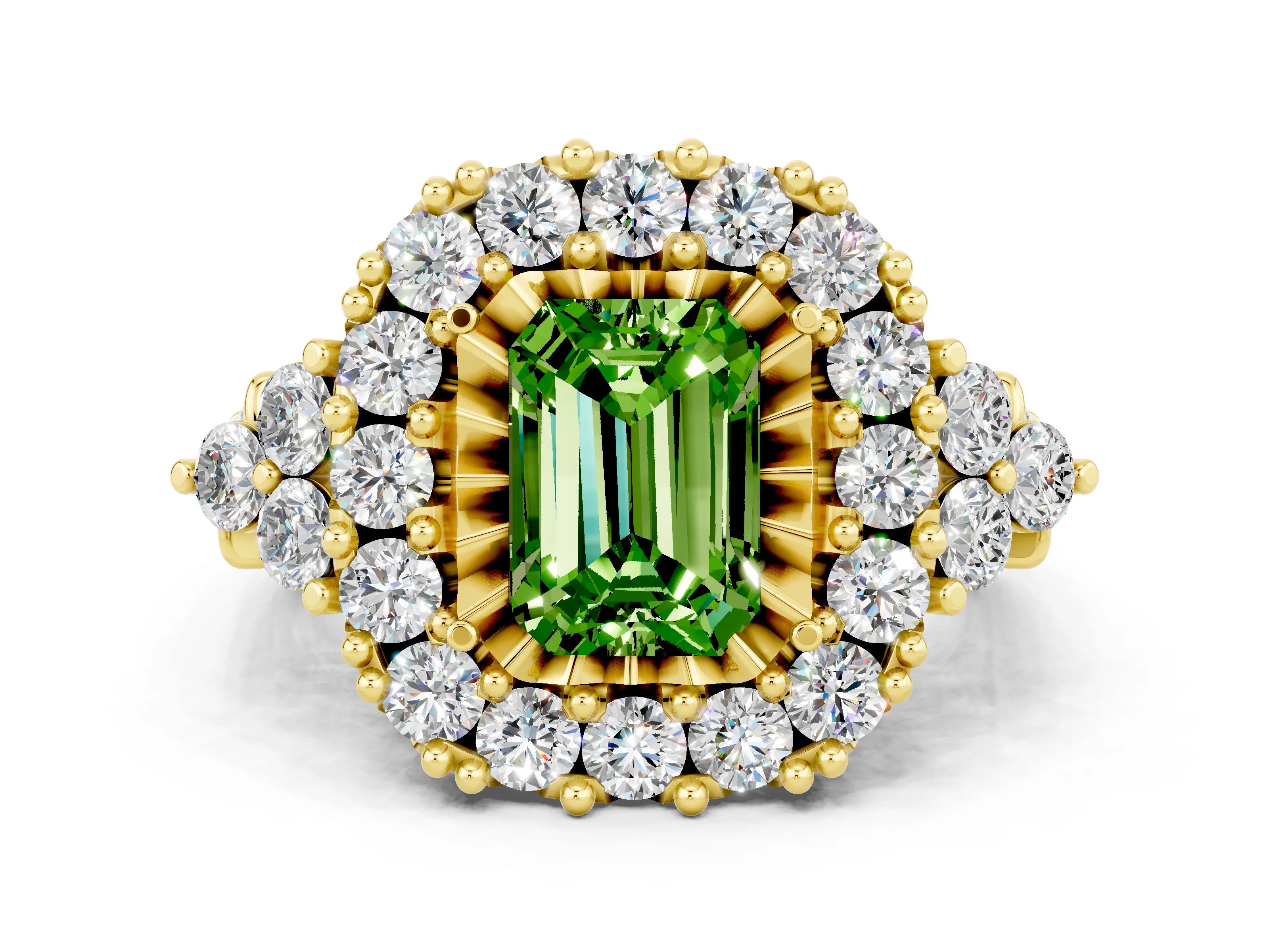 Yellow gold Emerald Cut Peridot Halo Ring with Pavé Band and Four-Prong Setting_12
